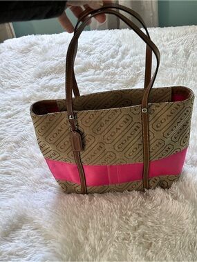 Coach Brown Signature Canvas Tote with Pink Stripe